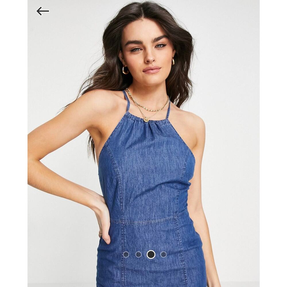 ASOS Lightweight Soft Denim Halter Slip Dress Criss Cross Straps EUC Sz 12 Mini - Picture 16 of 16